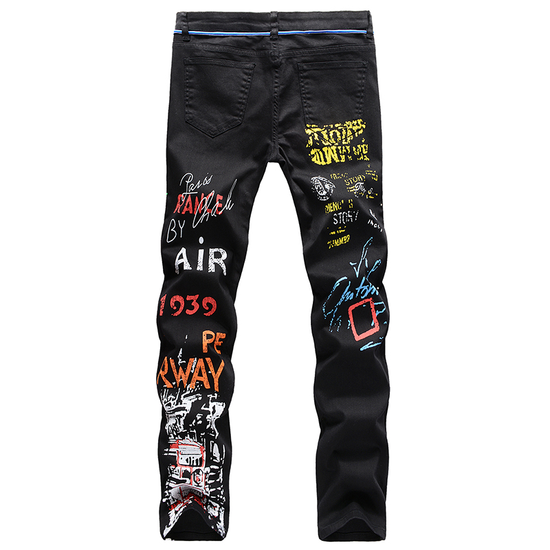 Men's Graffiti Denim Trousers Slim Casual Pants Hip Hop Jeans Pants ...