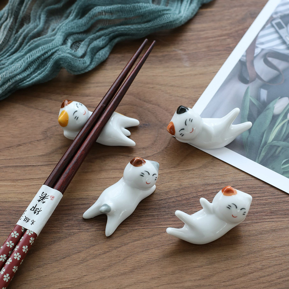 Lucky Cat Chopstick Rest Ceramic Holder Rack Spoon Fork Knife Tableware