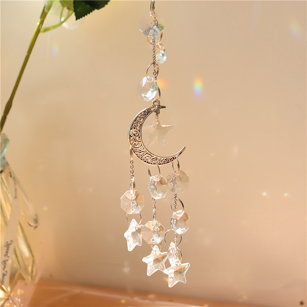 Adornos colgantes de cristal luna con campana de viento estrella de cinco puntas decoración colgante para el hogar - Imagen 8 de 9