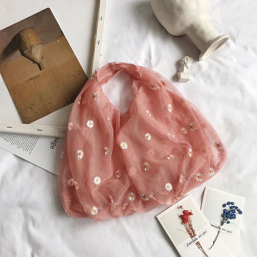 Women Transparent Tote Mesh Cloth Bags Little Daisy Embroidery Handbag For Girls