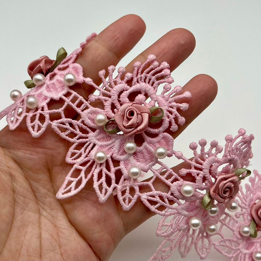 1 yarda Cuentas Rosa Flor Bordada Encaje Borde Costura Vestido de Boda Lencería - Imagen 14 de 16
