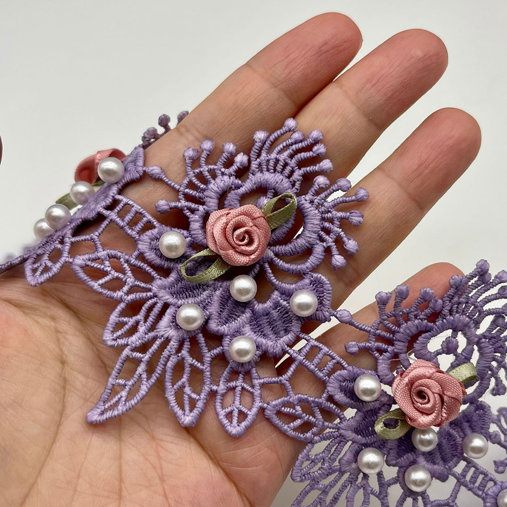 1 yarda Cuentas Rosa Flor Bordada Encaje Borde Costura Vestido de Boda Lencería - Imagen 15 de 16