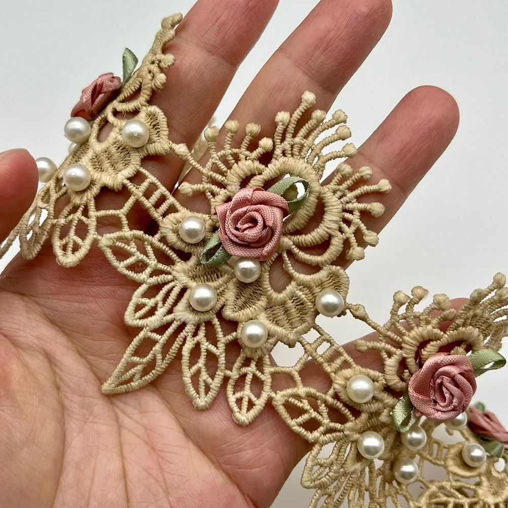 1 yarda Cuentas Rosa Flor Bordada Encaje Borde Costura Vestido de Boda Lencería - Imagen 16 de 16