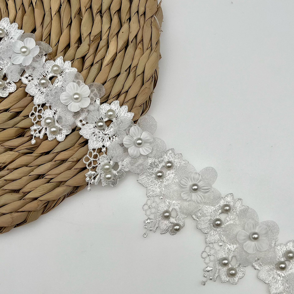1 Yard Flower Pearl Beaded Lace Ribbon Edging Trimmings Sewing Wedding Dress - Picture 10 of 12