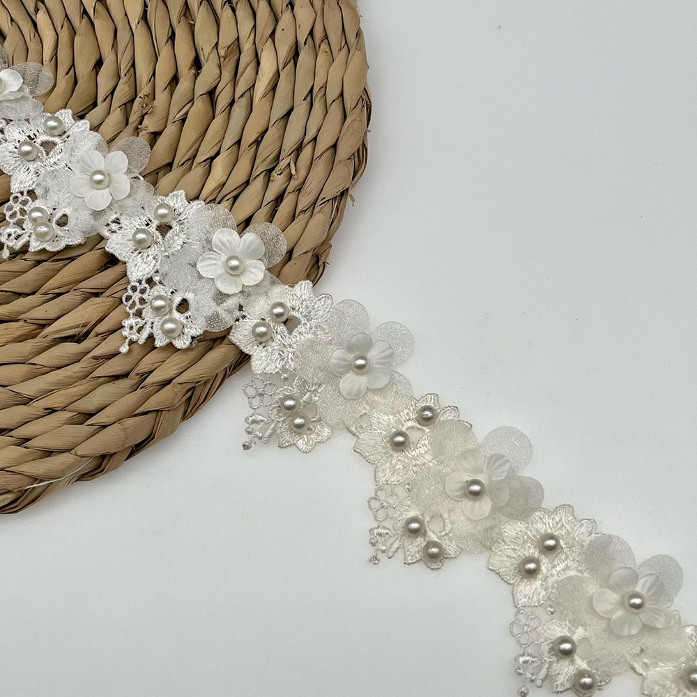 1 Yard Flower Pearl Beaded Lace Ribbon Edging Trimmings Sewing Wedding Dress - Picture 12 of 12