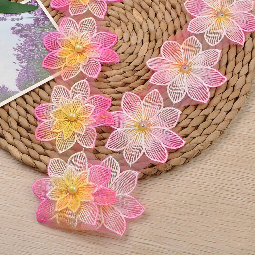 1Yard 3D Beaded Lace Trim Color Flower Embroidery Edge Ribbon DIY Wedding Dress - Picture 15 of 18