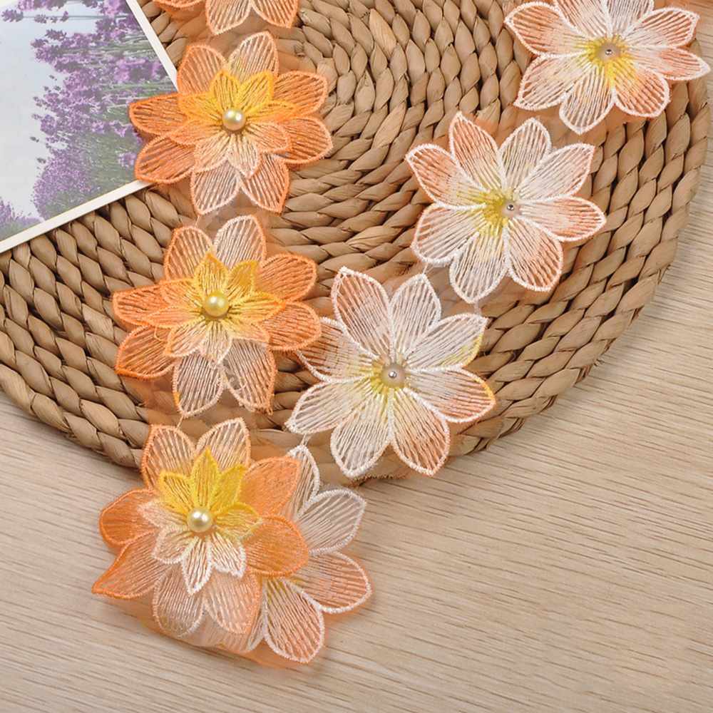 1Yard 3D Beaded Lace Trim Color Flower Embroidery Edge Ribbon DIY Wedding Dress - Picture 16 of 18