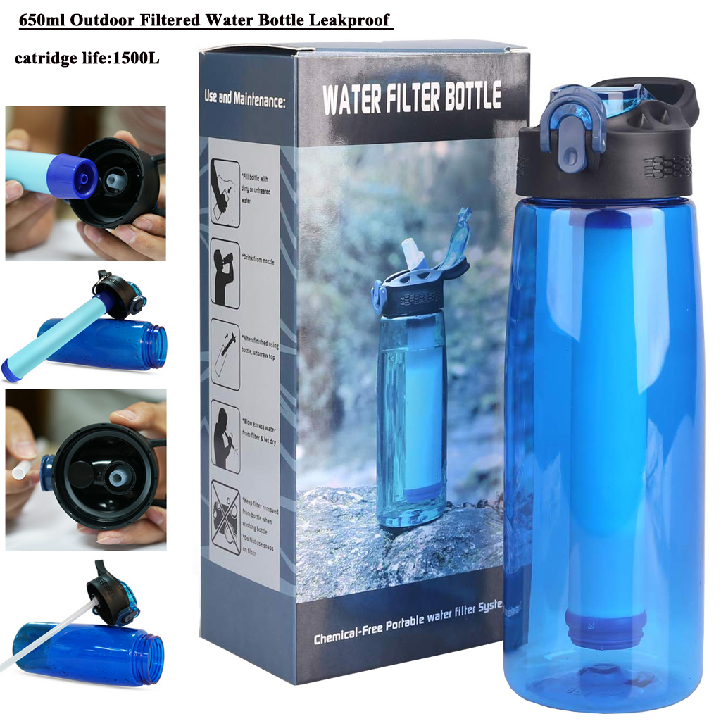 Emergency Peak Life Sport Water Filter Bottles 2-Stage Integrated Filter Straw for Hiking Survival Gear Gym 650 ML Backpacking