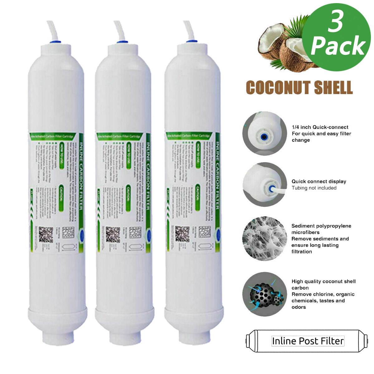 3 Pack Post Carbon Inline Water Filter Quick Connect 1/4" NPT Fridge