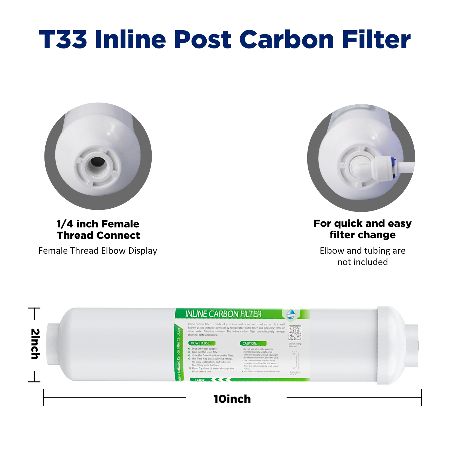 10"x2" T33 Inline Post Carbon Filter Water Filter Cartridge Polisher 1/