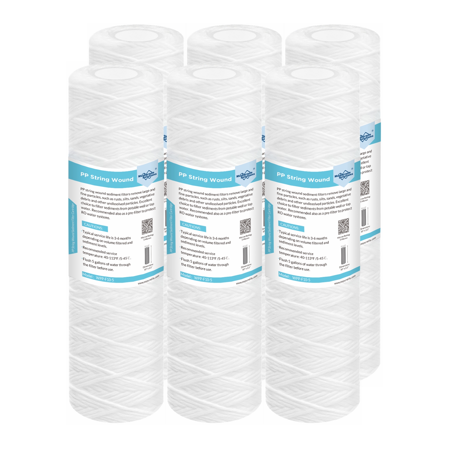 Membrane Solutions 6-Pack 20x4.5 String Wound Sediment Water Filter – 20 Micron – 60,000 Gallon Capacity – NSF Certified