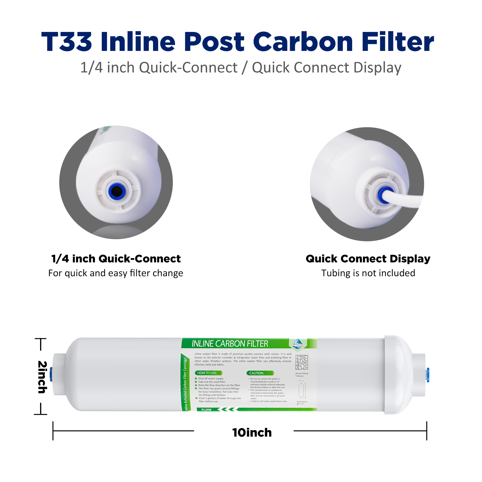 1/4 Quick Connect T33 Inline Post Carbon Water Filter for RO Fridge Ice- maker