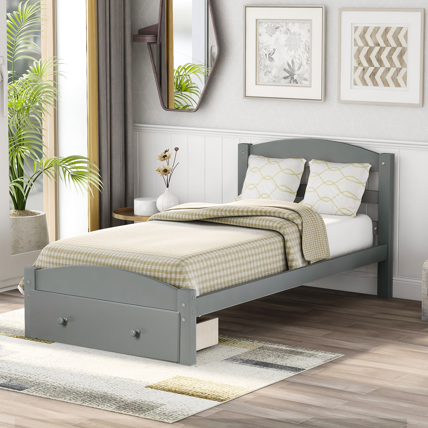 Twin Size Wood Platform Bed w/ Headboard Wood Slat Support No Box Spring Needed 
