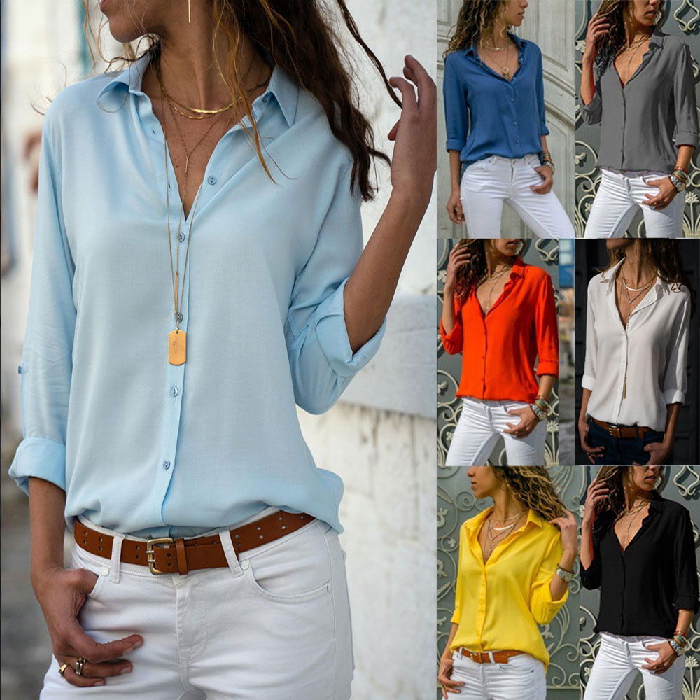 Women S V Neck Solid Cuffed Sleeve On Down Blouses Tops Office V Neck Solid Cuffed Sleeve On Down