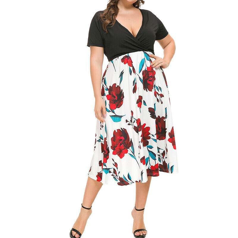 Summer Plus Size Women Bodycon V Neck Floral Prom Short Sleeve ...