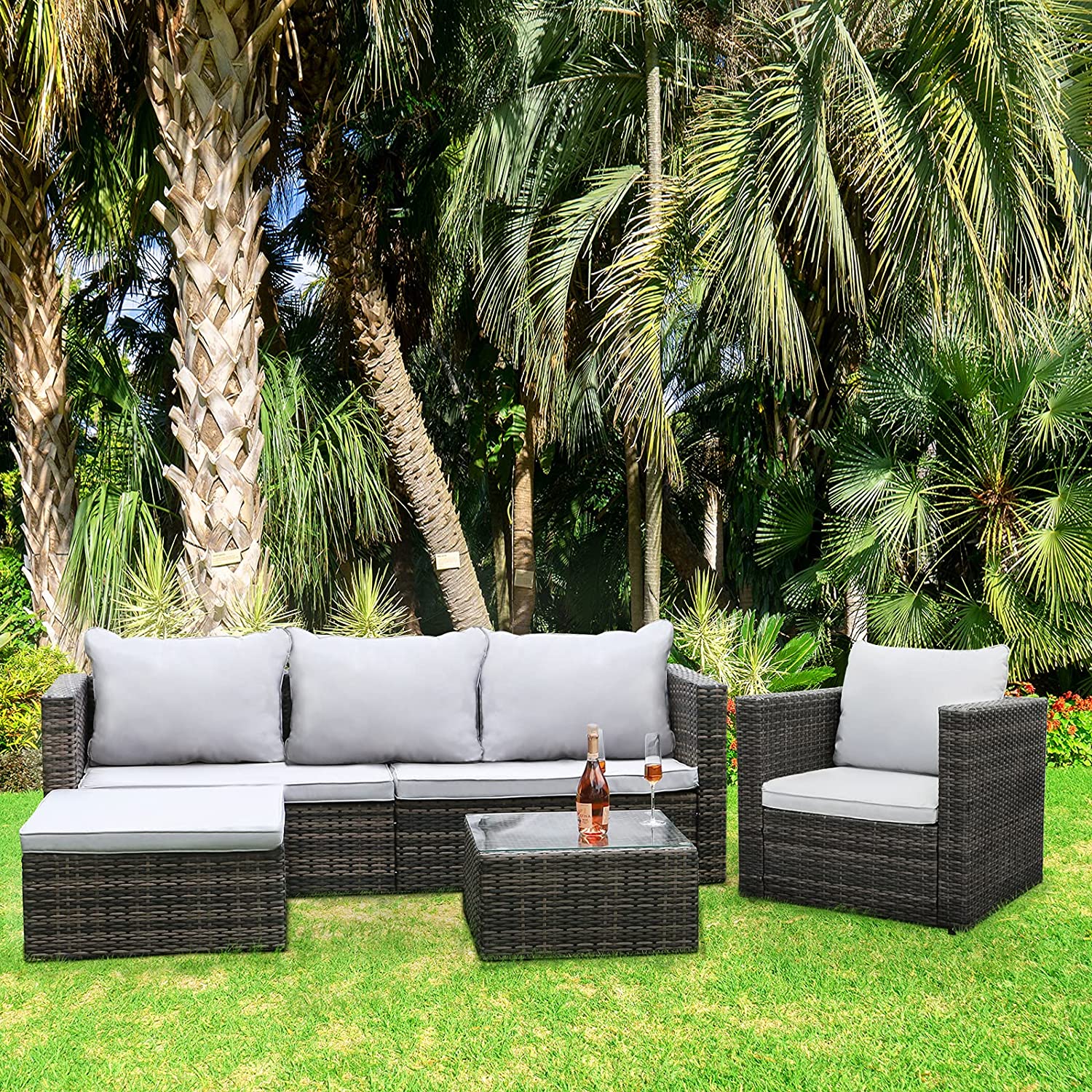 5 Piece Patio Furniture Sectional Sofa Set Outdoor Rattan Wicker