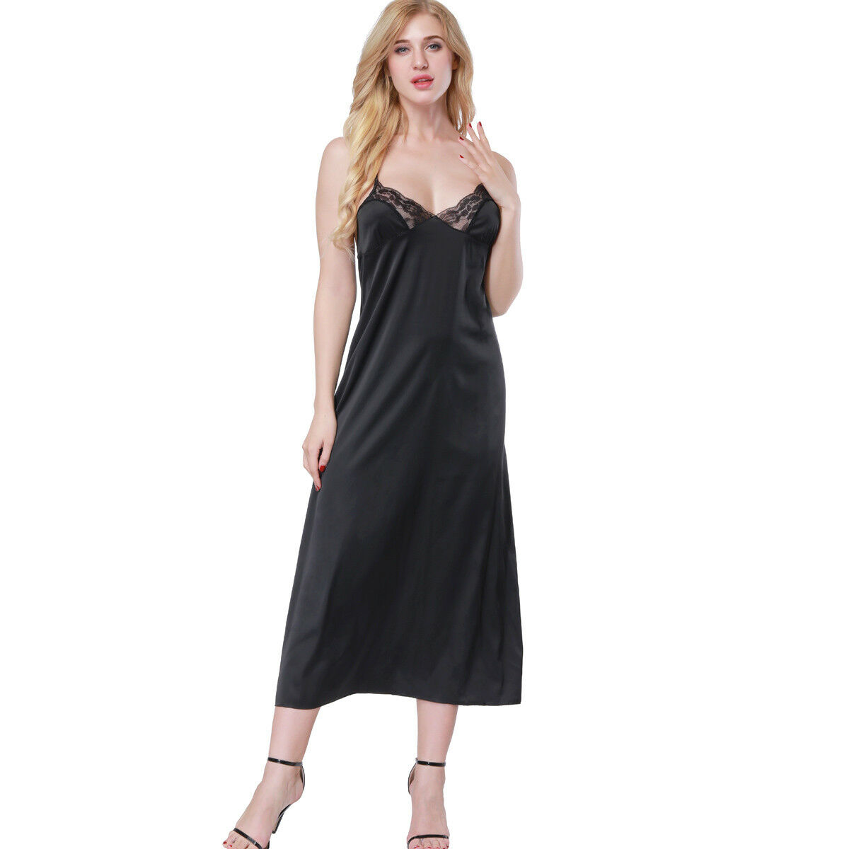 Womens Ladies Sexy Nightwear Silky Satin Nightdress Chemise Nightgown Full Slips eBay