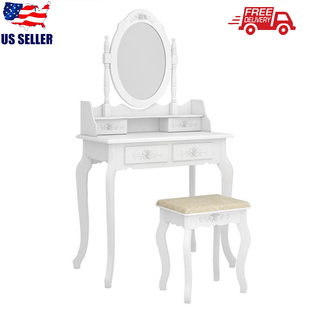 modern white dressing table makeup vanity desk bedroom w/4 drawer&mirror&&stool