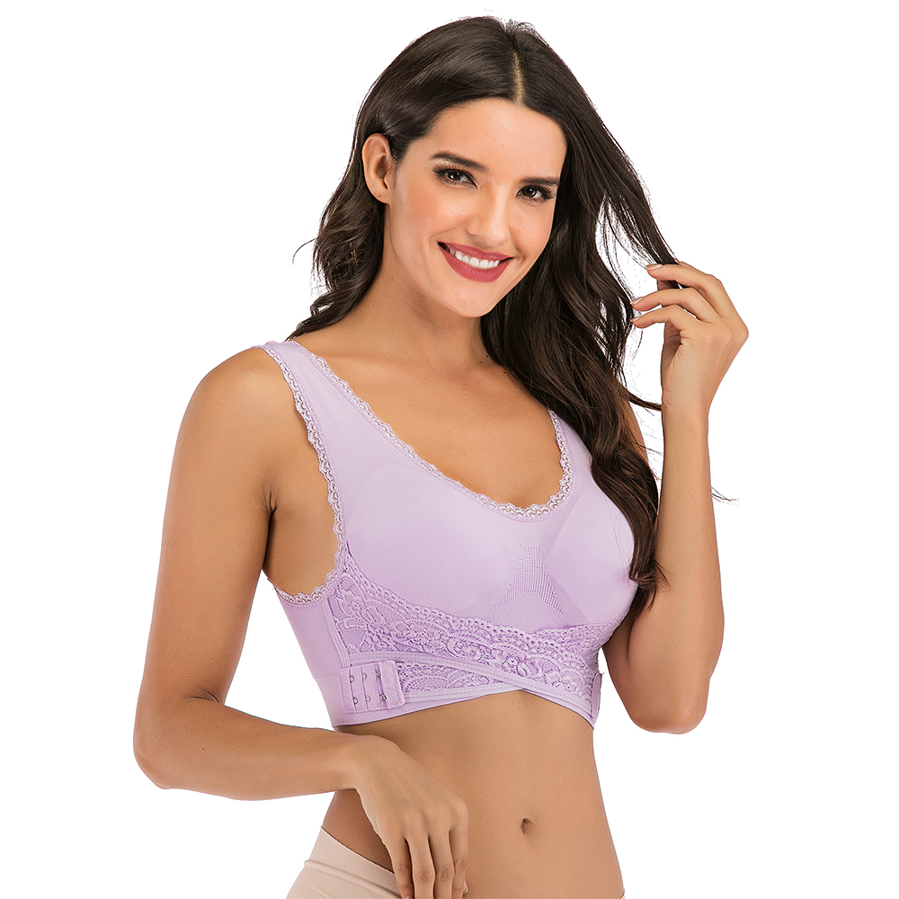 Women Wireless Lace Bra Breathable Front Cross Side Buckle Yoga Sports Vest Bras - Picture 14 of 18