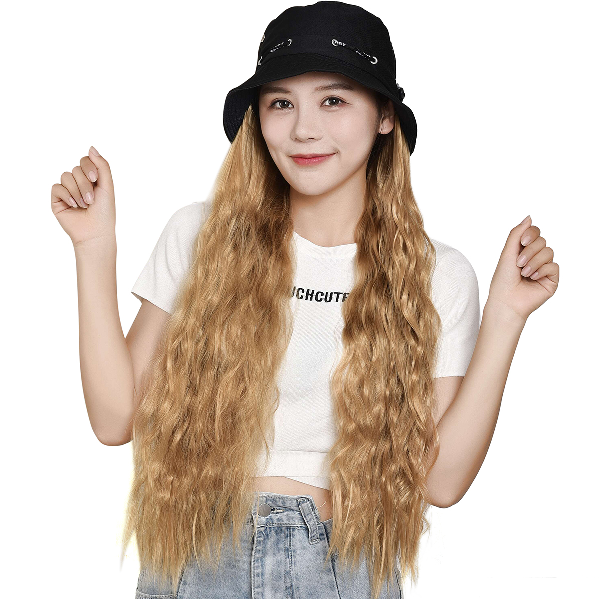 Women S Long Curly Wig Wavy Hair Piece With Bucket Hat For Party
