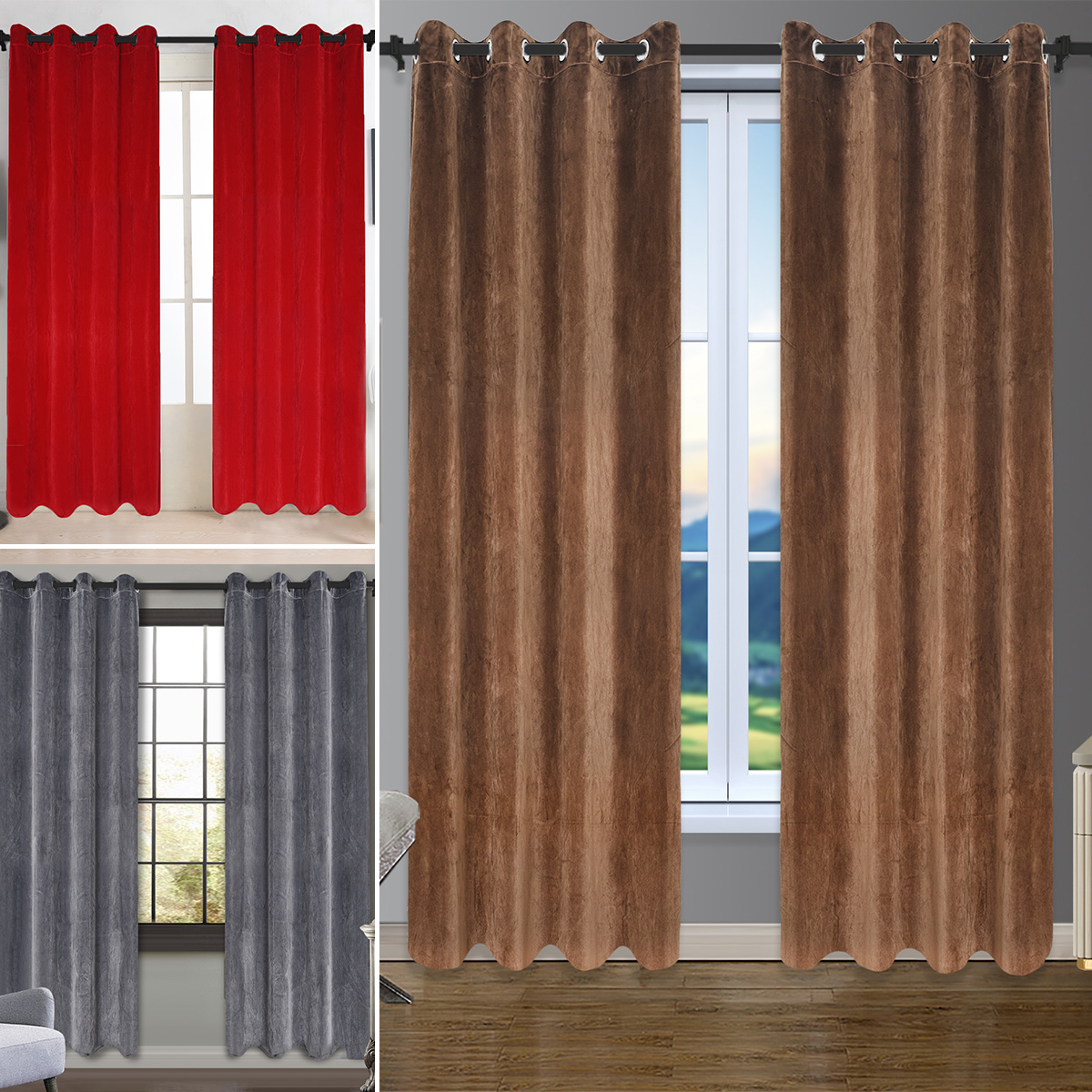 Solid Eyelet Top Velvet Blackout Curtain Grommet Thermal Insulated