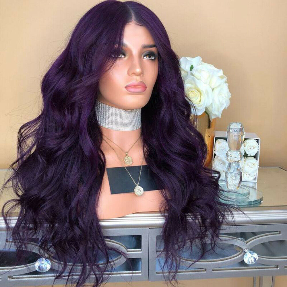 Women Long Wavy Full Wig Ombre Pink Purple Synthetic Hair Wig Cosplay 