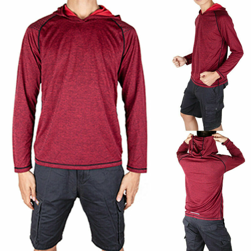 Mens Gym Long Sleeve Shirts Hooded Muscle Tops Hoodie Casual Hooded T ...