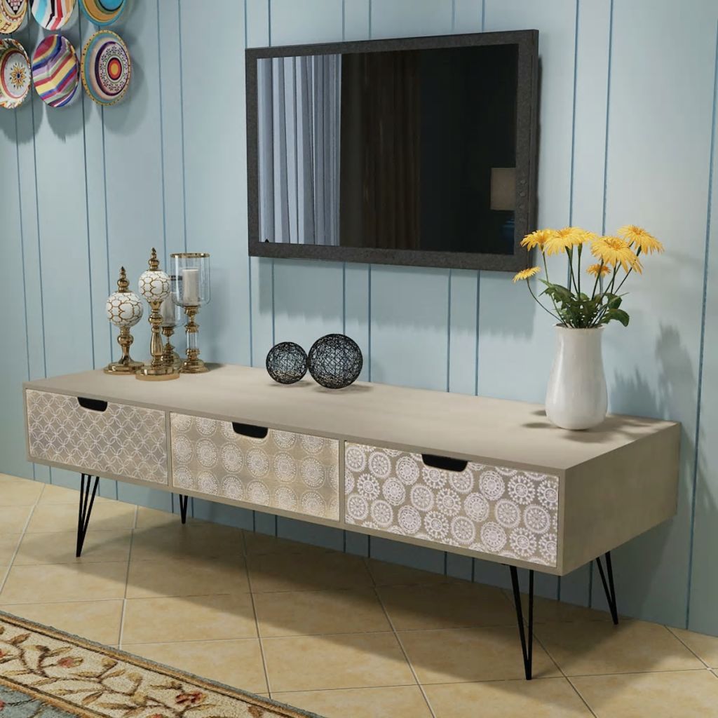 Details About Tv Cabinet With 3 Drawers Lock Side Table Hifi Sideboard Low Board