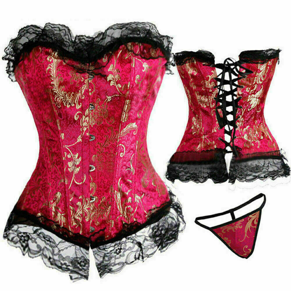 Women Lace Up Boned Bustier Corset Overbust Burlesque Top Lingerie