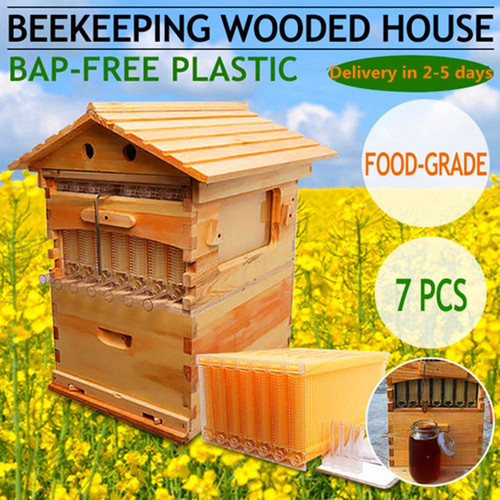 thumbnail 1  - 7x Auto Flowing Honey Hive Beehive Frames +Beekeeping Brood Bee Hive Wooden Box 