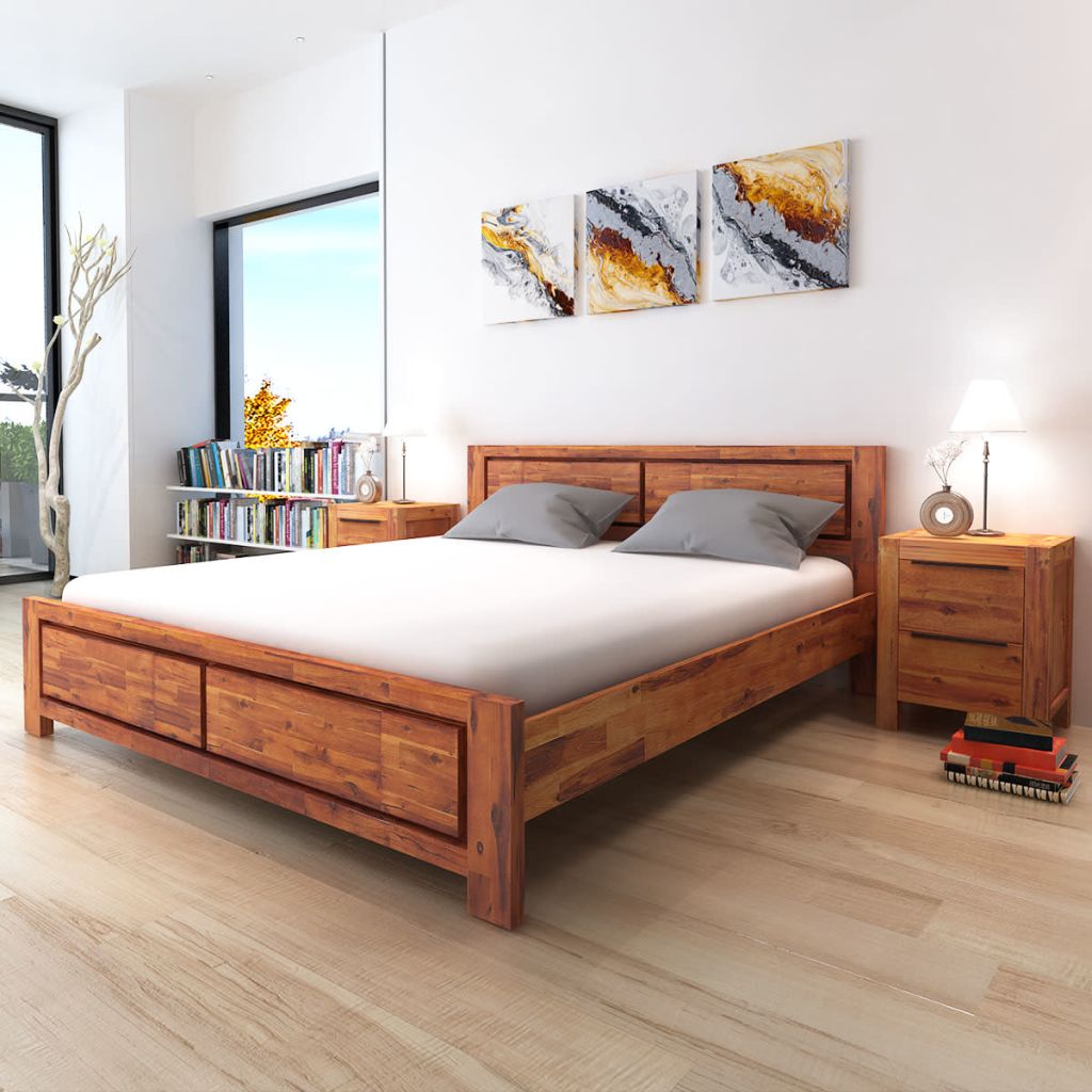 Details About Firm Bed Frame Solid Acacia Wood Brown King Size For Bedroom Home Furniture New