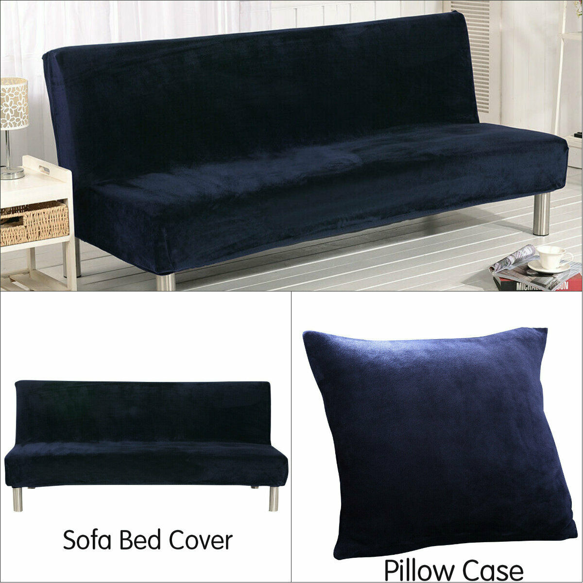Stretch Armless Sofa Bed Cover Folding Futon Couch Slipcover/ Pillow Case - Picture 31 of 74