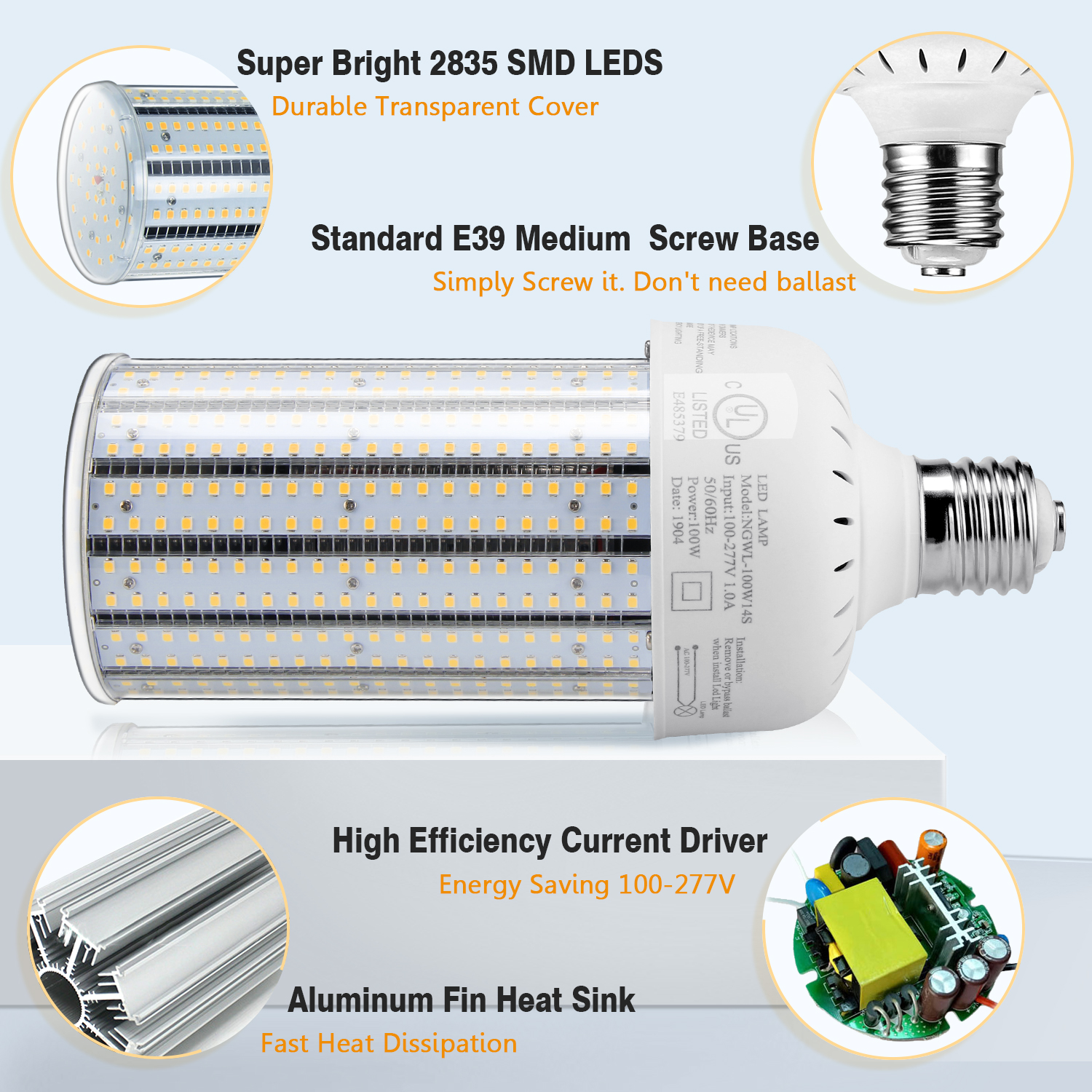 60w 80w 100w 120w LED Corn Bulb E39 Mogul Screw Base High Bay Retrofit Lights 