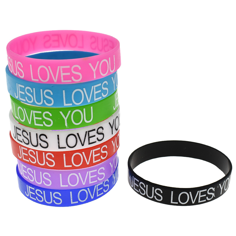 lychee Jesus Loves You Silicone Wristbands Rubber Bracelets 10X Bulk Random Color Bangle 