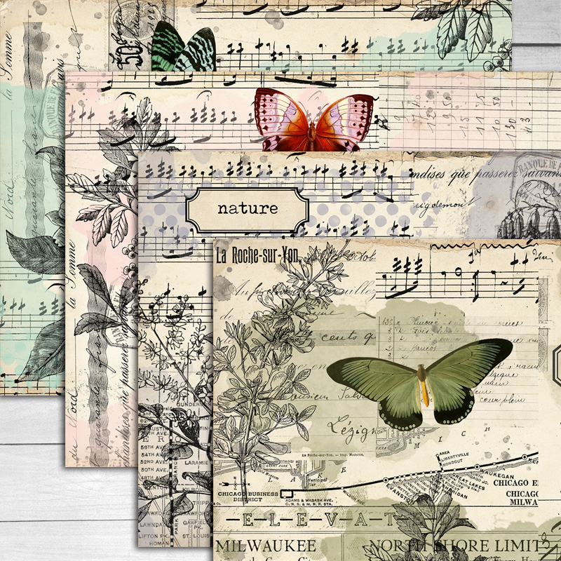 Material Paper - Vintage Coffee Stained Scrapbook Paper - Butterfly, Flower, Plant, Fairy Tale, Newspaper, Music, Manuscript, Bill