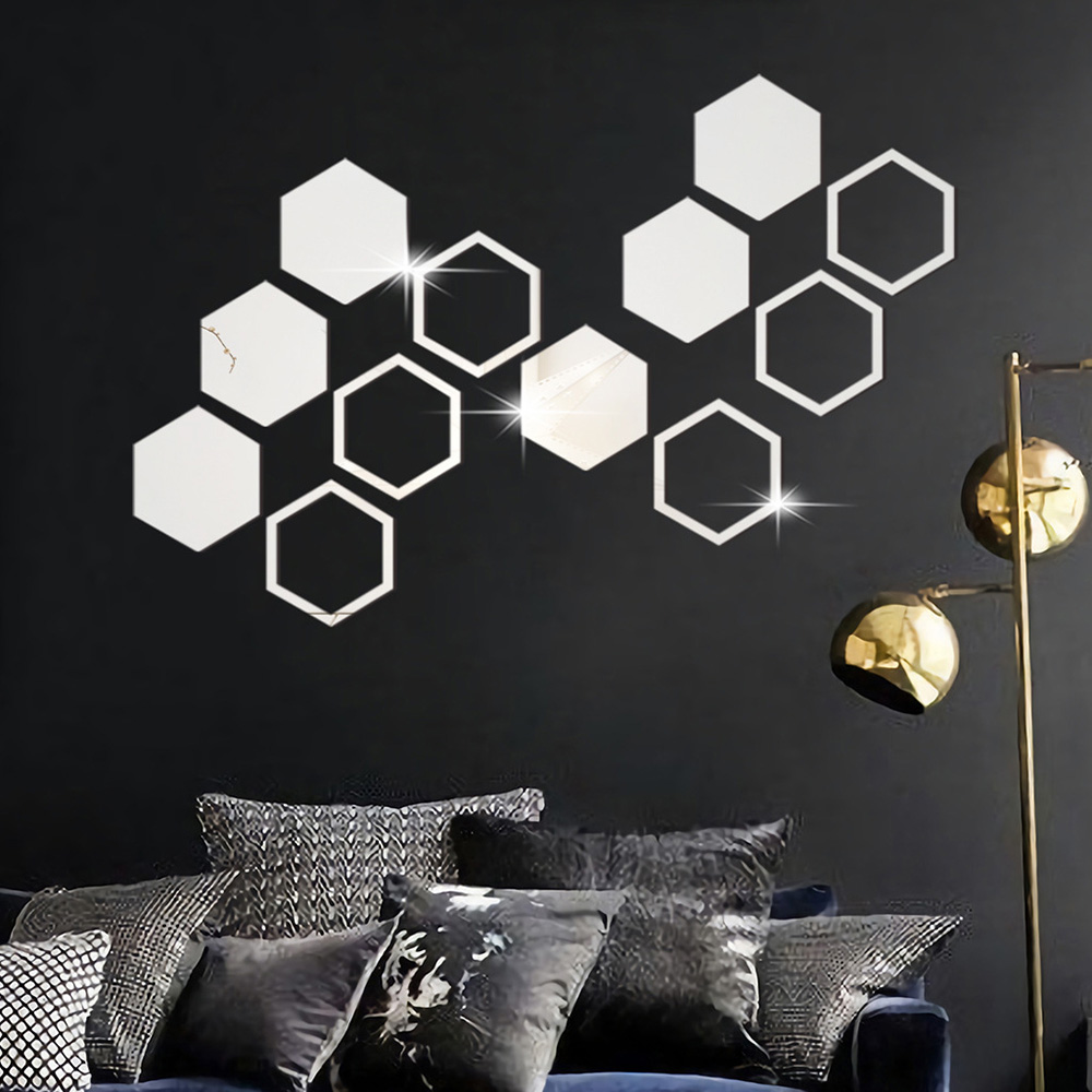 12PC Hexagon Acrylic Mirror Wall Stickers Decals Self Adhesive Art
