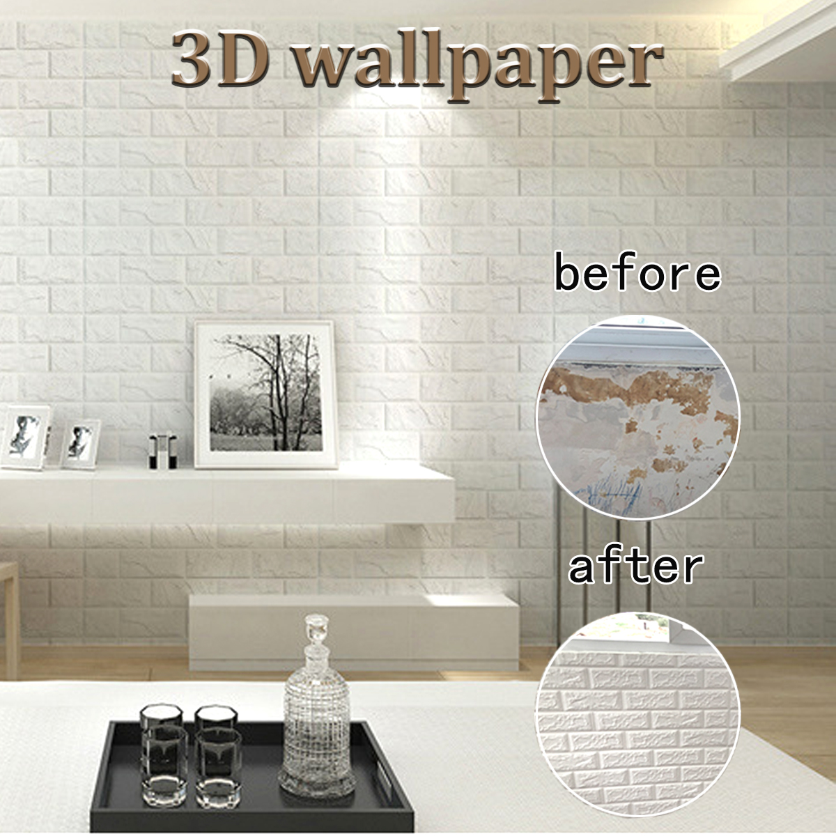 PE Foam 3D Self Adhesive Panels Wall Stickers Home Decor Embossed Brick White 