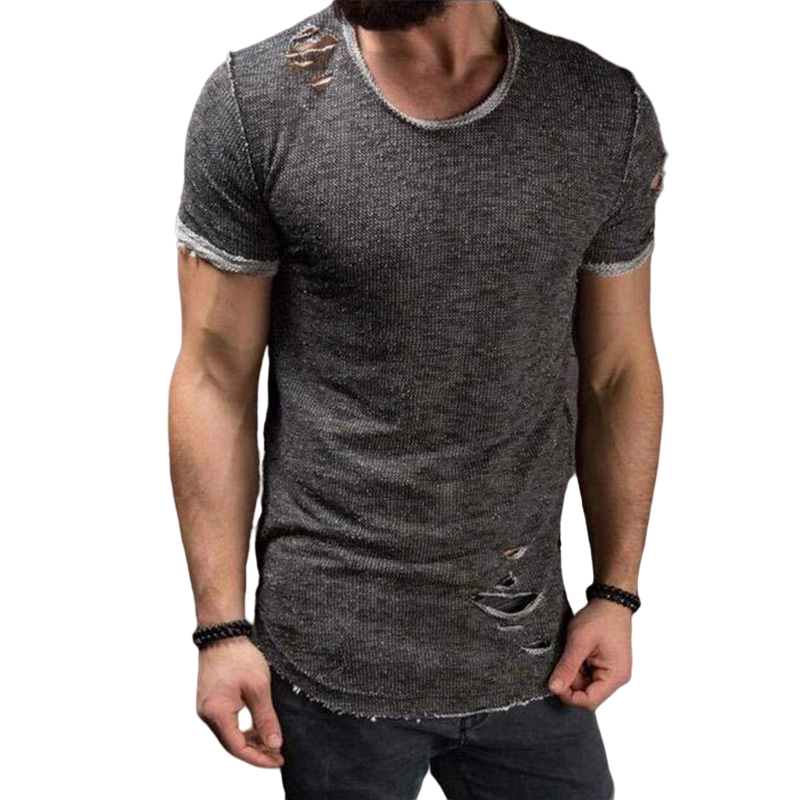 Mens Plain Ripped Short Sleeve T-Shirt Summer Casual Muscle Slim Fit ...