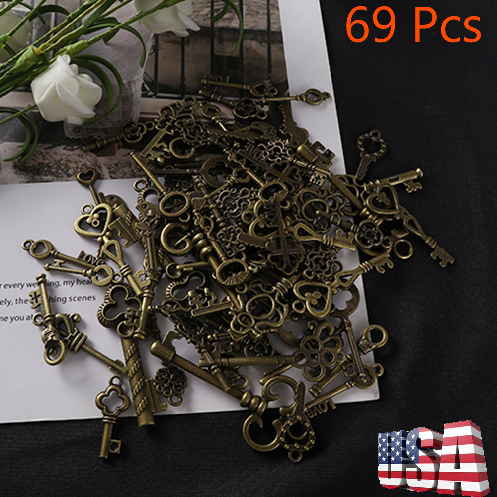 69PCS Keys Antique Vintage Old Look Bronze Skeleton Keys Fancy Heart Bow  Pendant