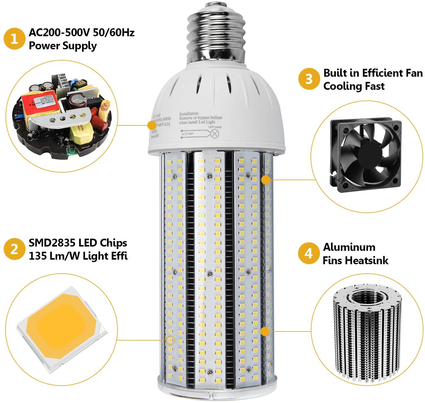 480Volt LED Corn Cob Bulb 60W Replace 175W Metal Halide Wall Pack Post ...