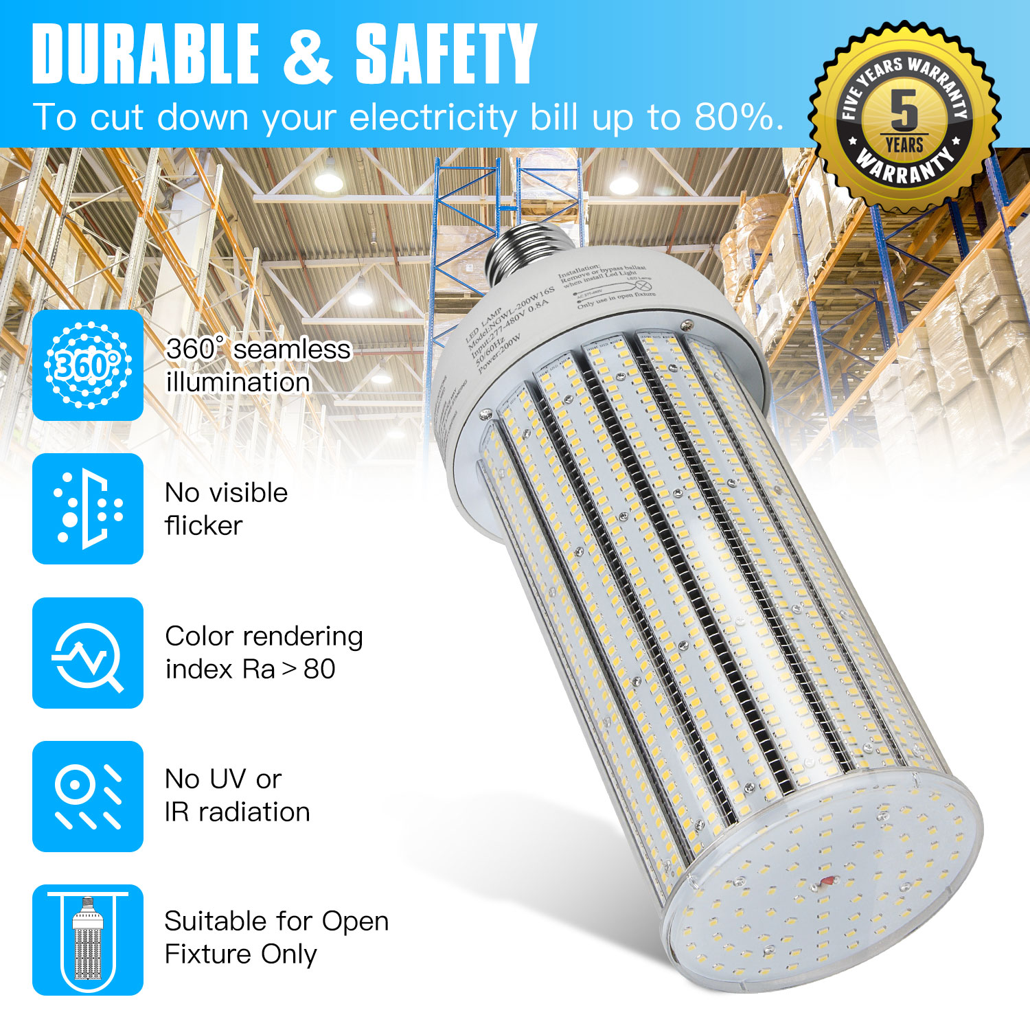 thumbnail interactive-video image 1 of KUKUPPO 200W LED Corn Light Bulb 480V | 27,000 Lumens, 5000K Daylight, E39 Base, 5-Year Warranty 1 of 5