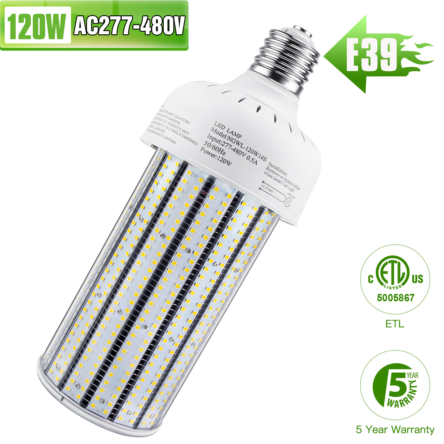 480V LED Corn COB Light Bulbs 100W 120W Industrial Warehouse High Bay Lamp ETL - Picture 12 of 13