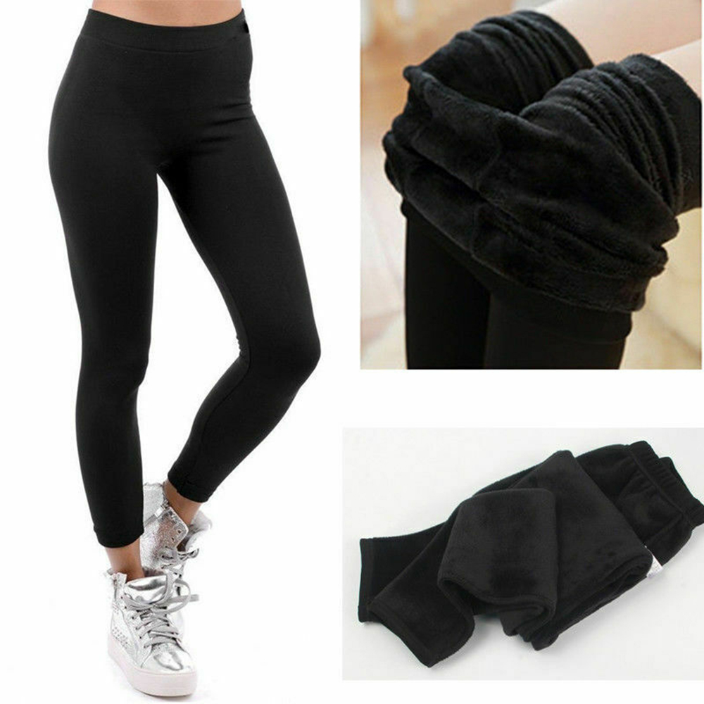 Women's Solid New Winter Thick Warm Fleece Lined Thermal Stretchy Leggings BLack 