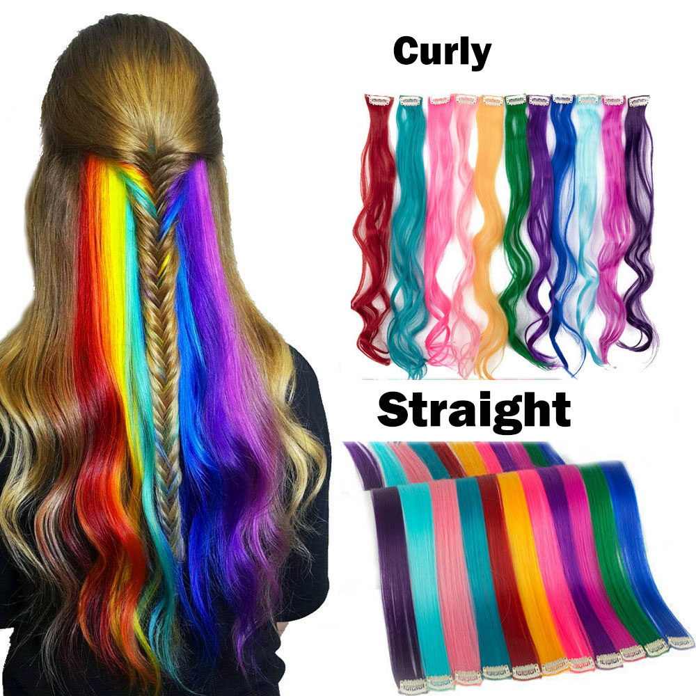 11Pcs Party Rainbow Colorful Clip-in Hair Extension Straight Synthetic Hairpiece