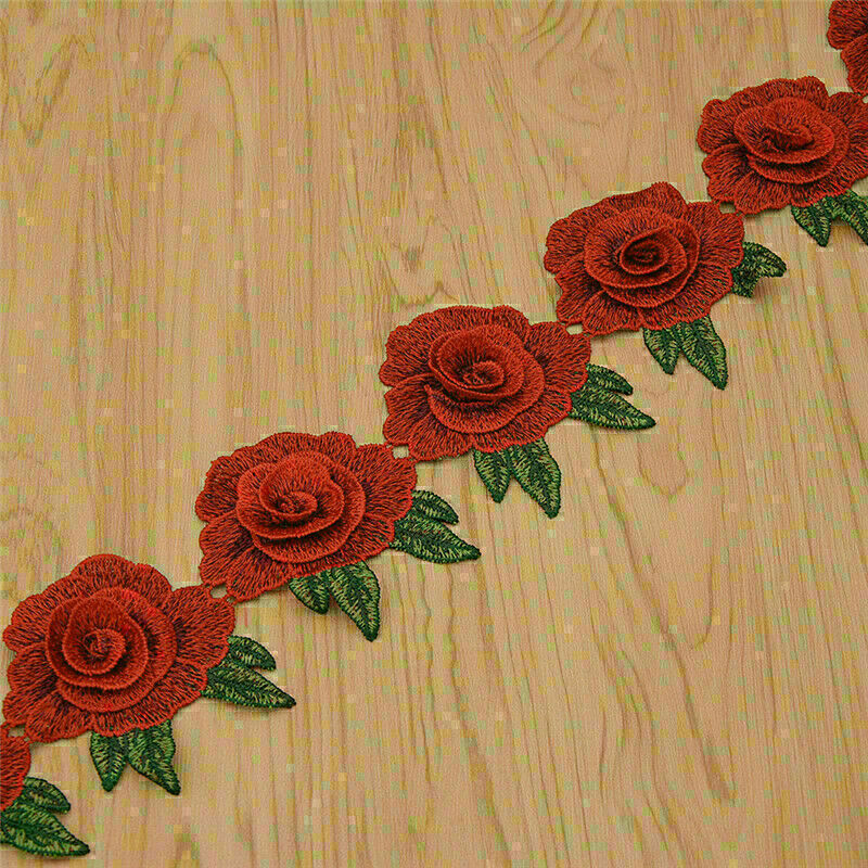 1 Yard Embroidered Rose Flowers Floral Applique Lace Trims Ribbon For Sewing DIY 