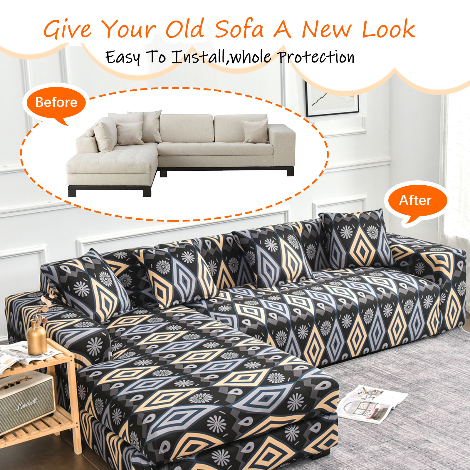 Sectional Sofa Cover 2 Pcs 3 Seat L Shape Couch Slipcovers w/4 Pcs