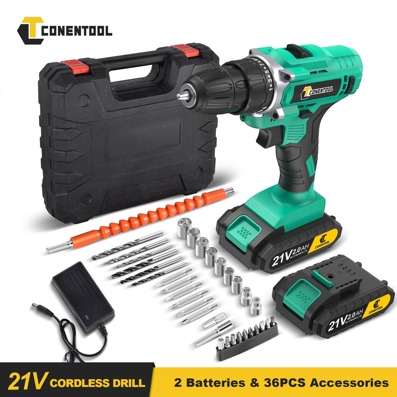 12V/18V/21V Cordless 3/8 in Driver Power Drill Set with 2 Battery and Charger US
