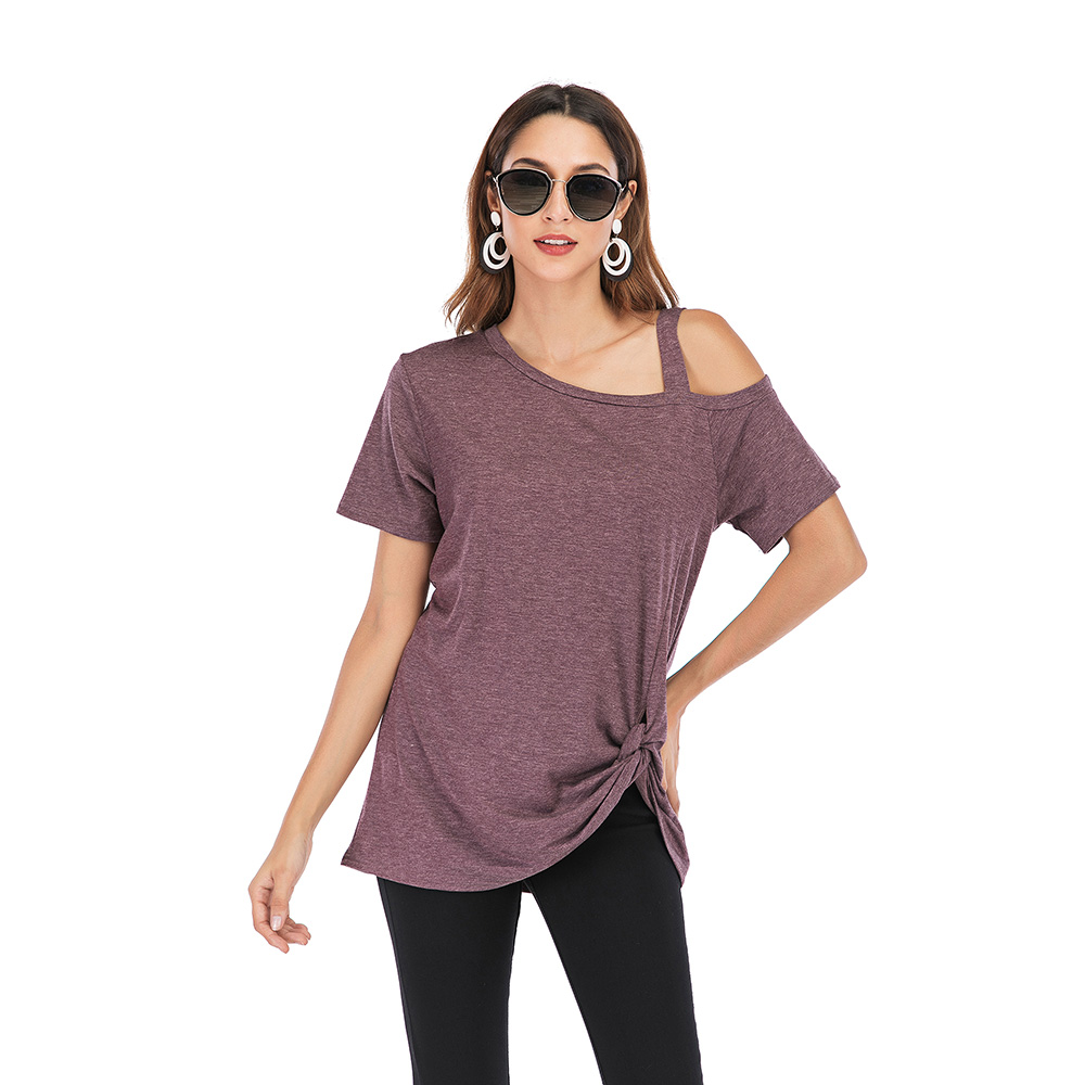 Women's Crewneck Front Knot Side Twisted Solid Color Tunic Off-the-shoulder Tops