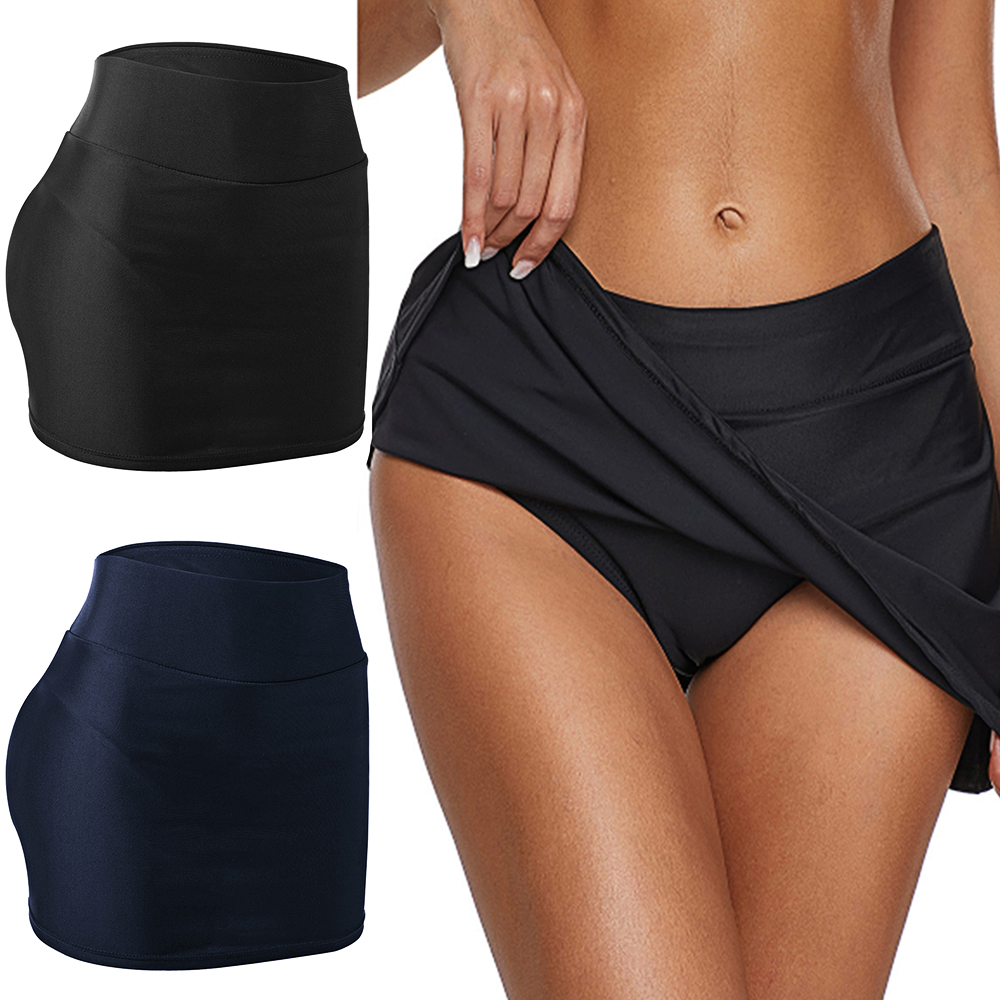 Women Pleated Swim Skirt Briefs Swimwear Elastic Mid Waist