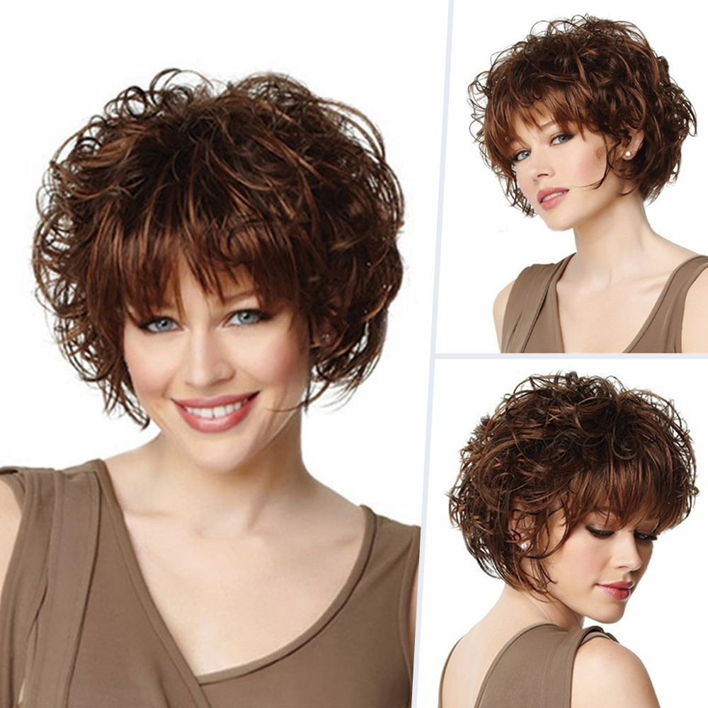Fashion Women Lady Short Curly Wig Brown Wavy Hair Natural Neat Bang